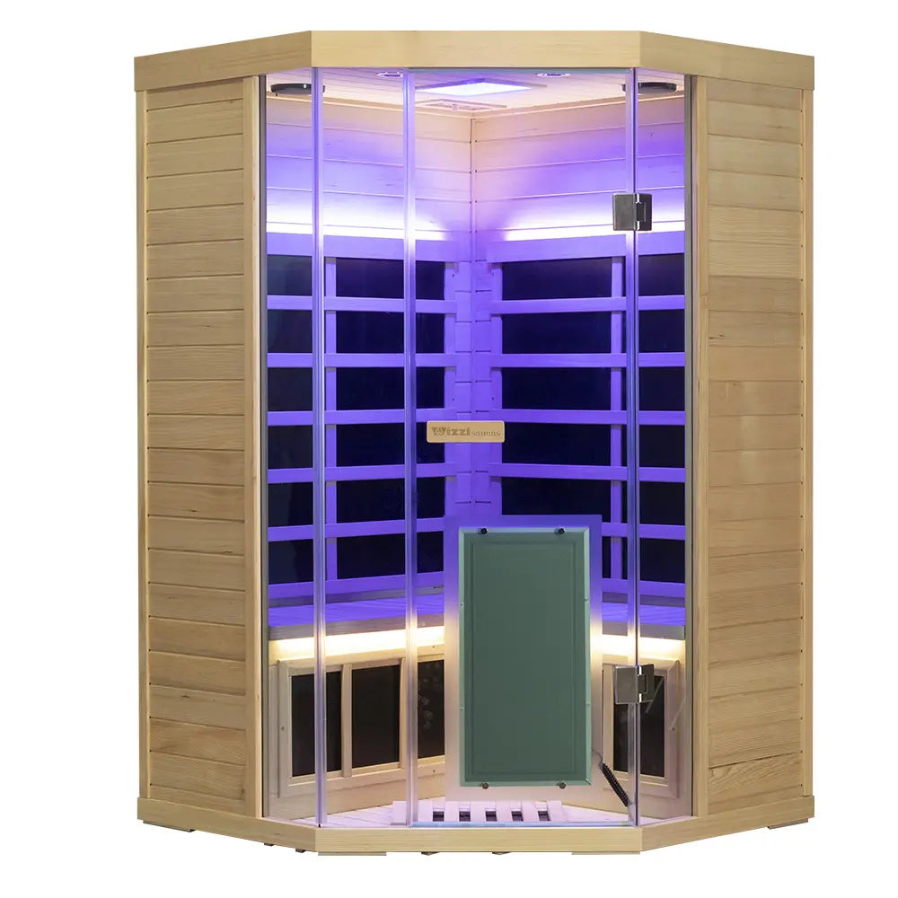 SH07 hemlock corner sauna in a home setting