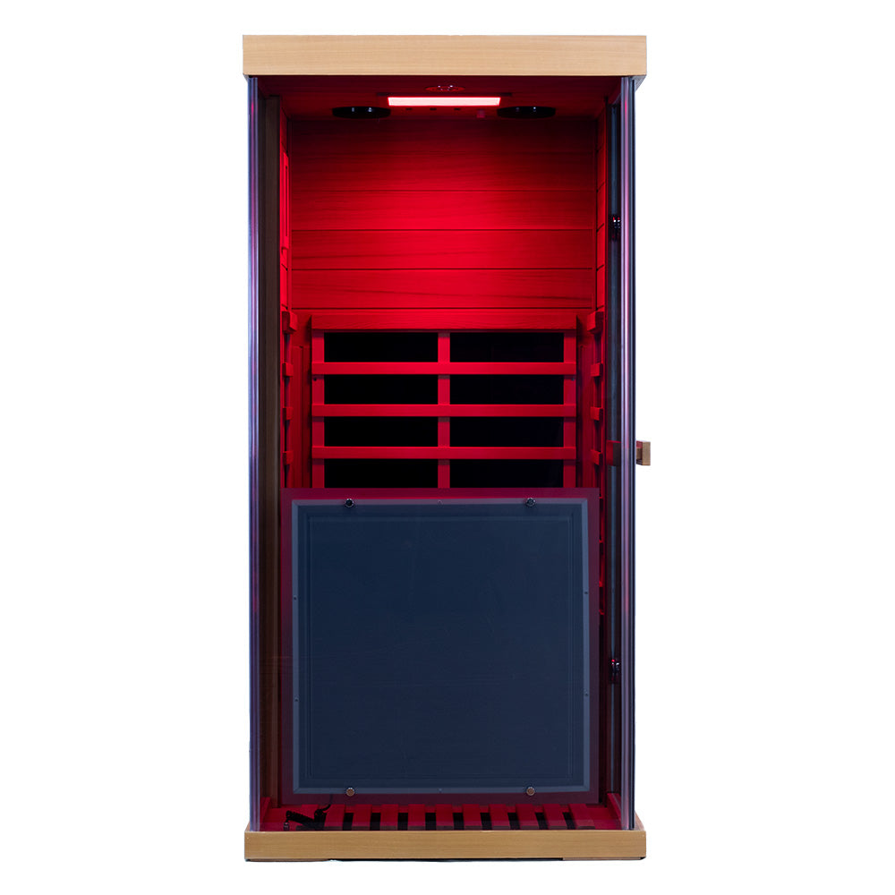 909MX Mini hemlock sauna in a modern home setting