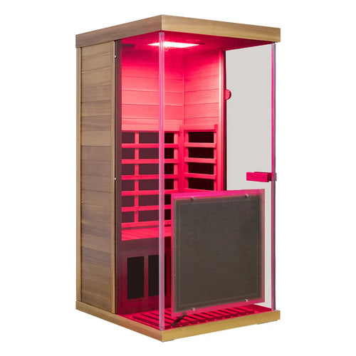 909MX Mini 1-person red cedar infrared sauna with panoramic glass