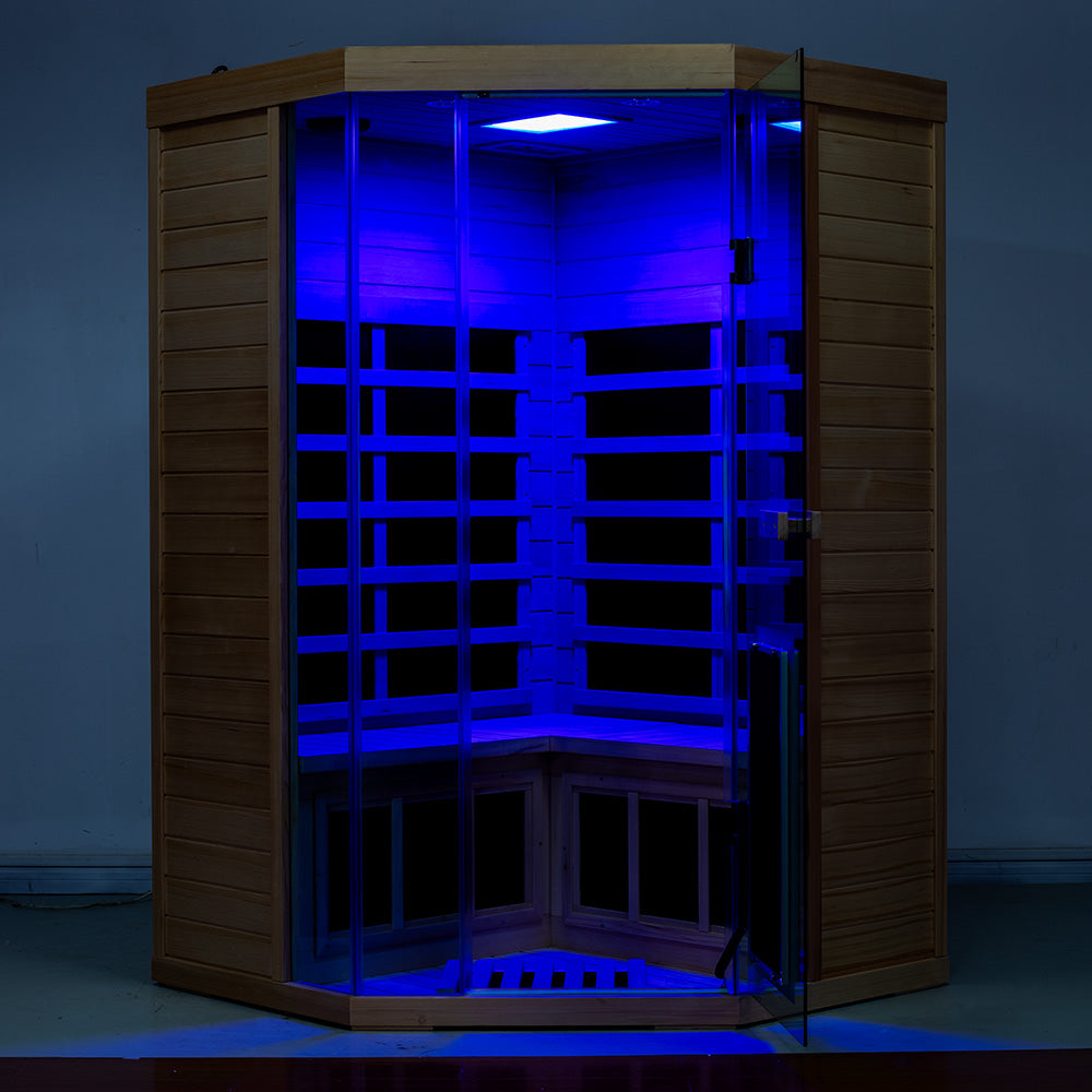 SR07 red cedar corner sauna interior view