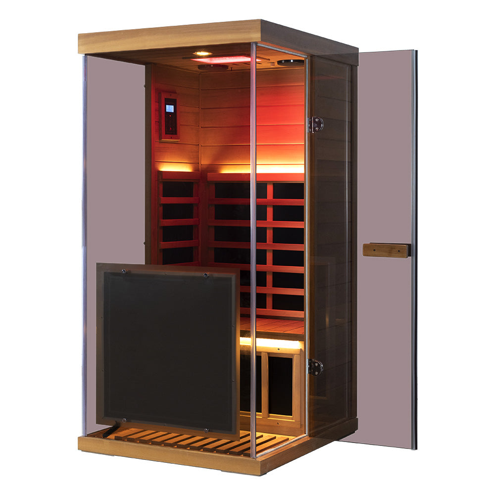 909MX Mini red cedar sauna left-opening door view