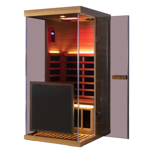 909MX Mini red cedar sauna left-opening door view