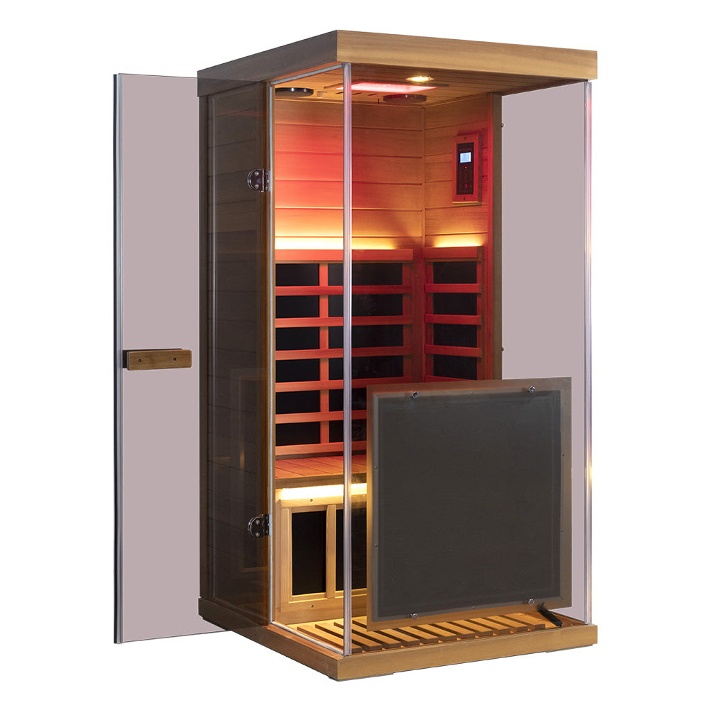 909MX Mini red cedar sauna right-opening door view