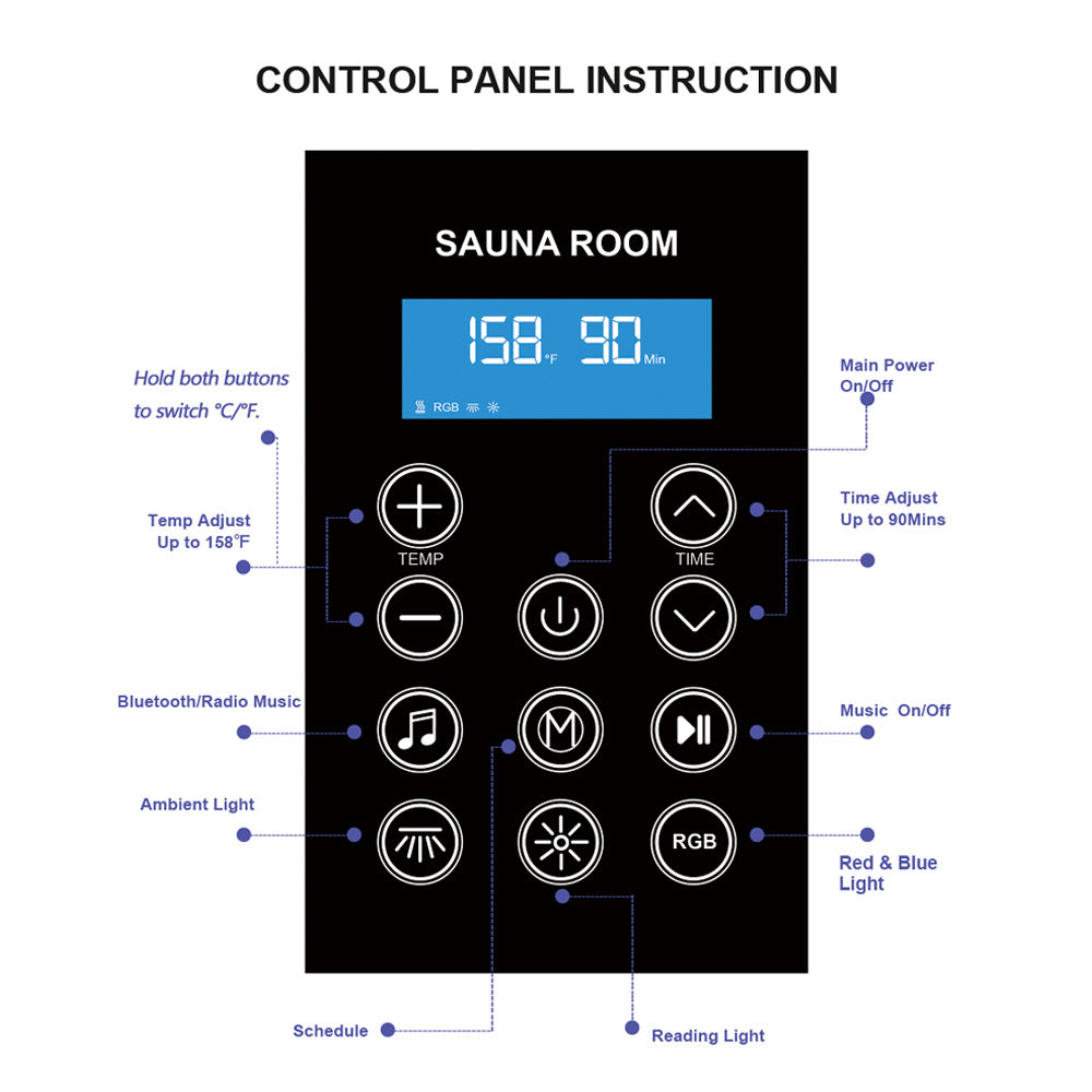 LCD control panel with Bluetooth audio and light therapy controls