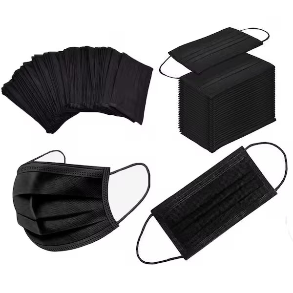 Black disposable adult face masks for daily protection  Black disposable adult face masks with breathable material  Black disposable adult face masks with elastic ear loops  Black disposable adult face masks showing secure nose fit  Black disposable adult face masks suitable for work and travel  Black disposable adult face masks in hygienic packaging