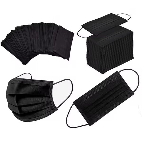 Black disposable adult face masks for daily protection  Black disposable adult face masks with breathable material  Black disposable adult face masks with elastic ear loops  Black disposable adult face masks showing secure nose fit  Black disposable adult face masks suitable for work and travel  Black disposable adult face masks in hygienic packaging