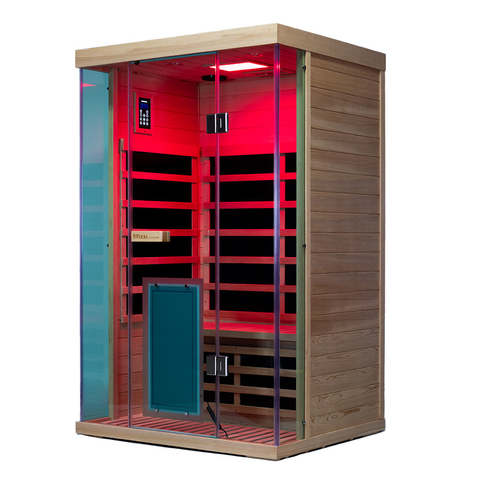 SH02 hemlock infrared sauna interior with two-person bench