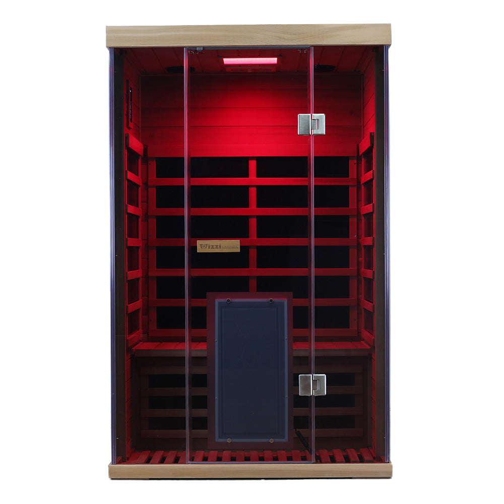 SR02 red cedar infrared sauna interior with two-person bench